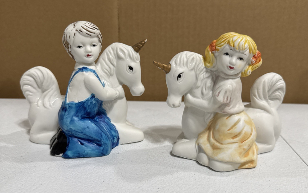 VTG Boy & Girl Hugging Unicorns Figurines Ceramic Statue Whimsical Magic Decor